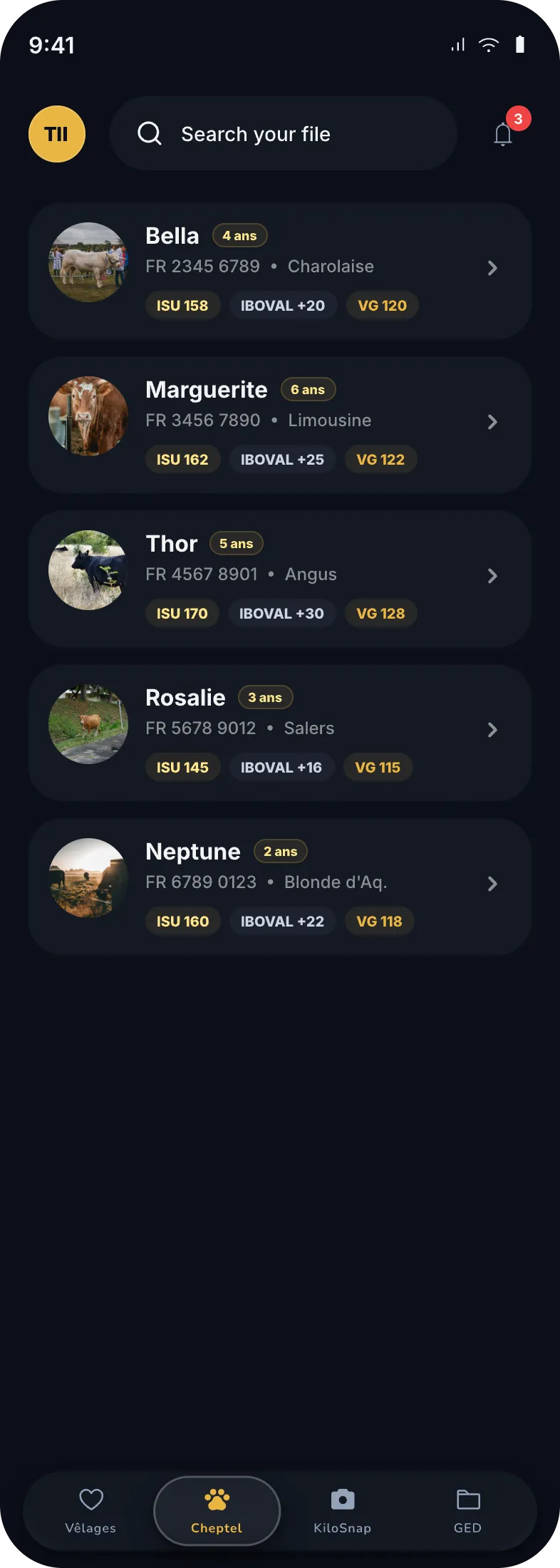 Écran de l'application : liste du cheptel avec photo, identification et indicateurs par animal