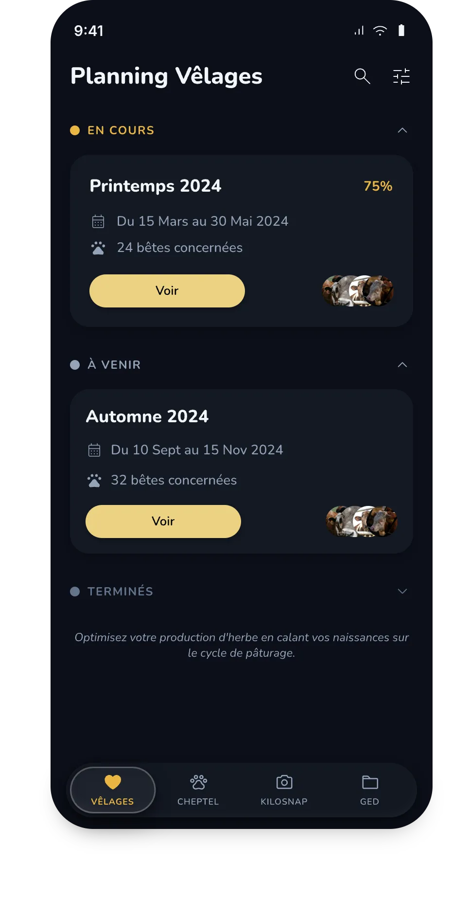 Écran Planning Vêlages : campagnes en cours et à venir avec le nombre de bêtes concernées